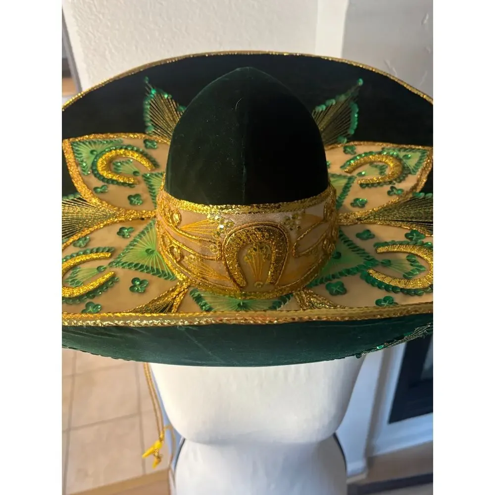 Pigalle Salazar Green Velvet Gold Sombrero Made In Mexico